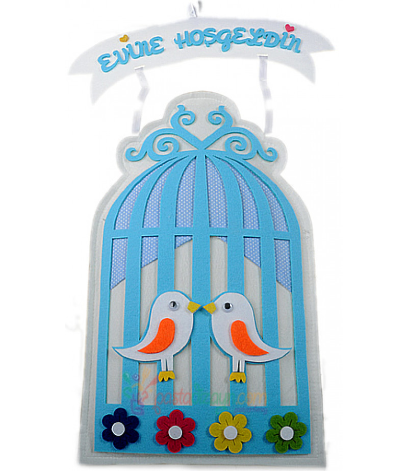 Mavi Renk Kuş Kafesi Şeklinde Kapı Süsü
