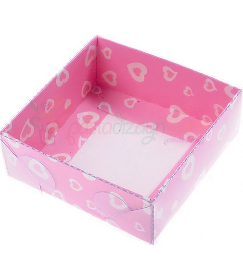 Pembe Kalp Motifli Asetat Kutular,8x8x3cm,5 Adet