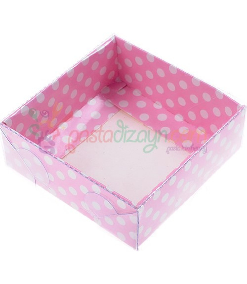 Pembe Puantiyeli Asetat Kutular,8x8x3cm,5 Adet